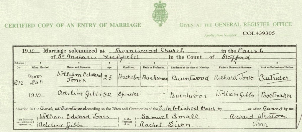 Adeline Gibbs marriage 1910