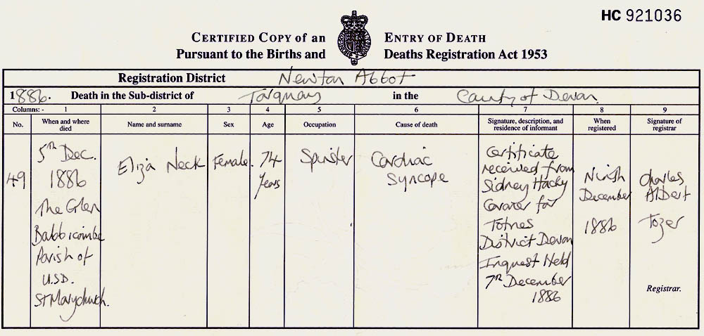 Eliza Neck - death certificate