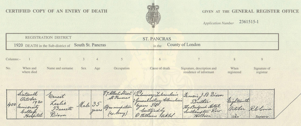 Ernest L B Dixon death certificate