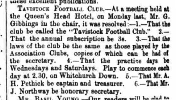 Tavistock Football Club Founding – 1875