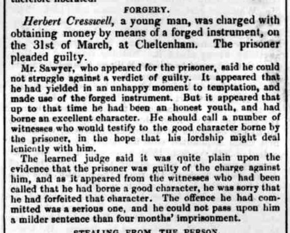 Forgery Case, Cheltenham – 1862