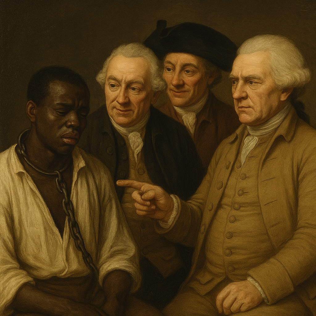 Imagined Georgian-era painting showing a chained African man under the scrutiny of three white British men, symbolising imperial racial ideologies in 18th-century Britain.
