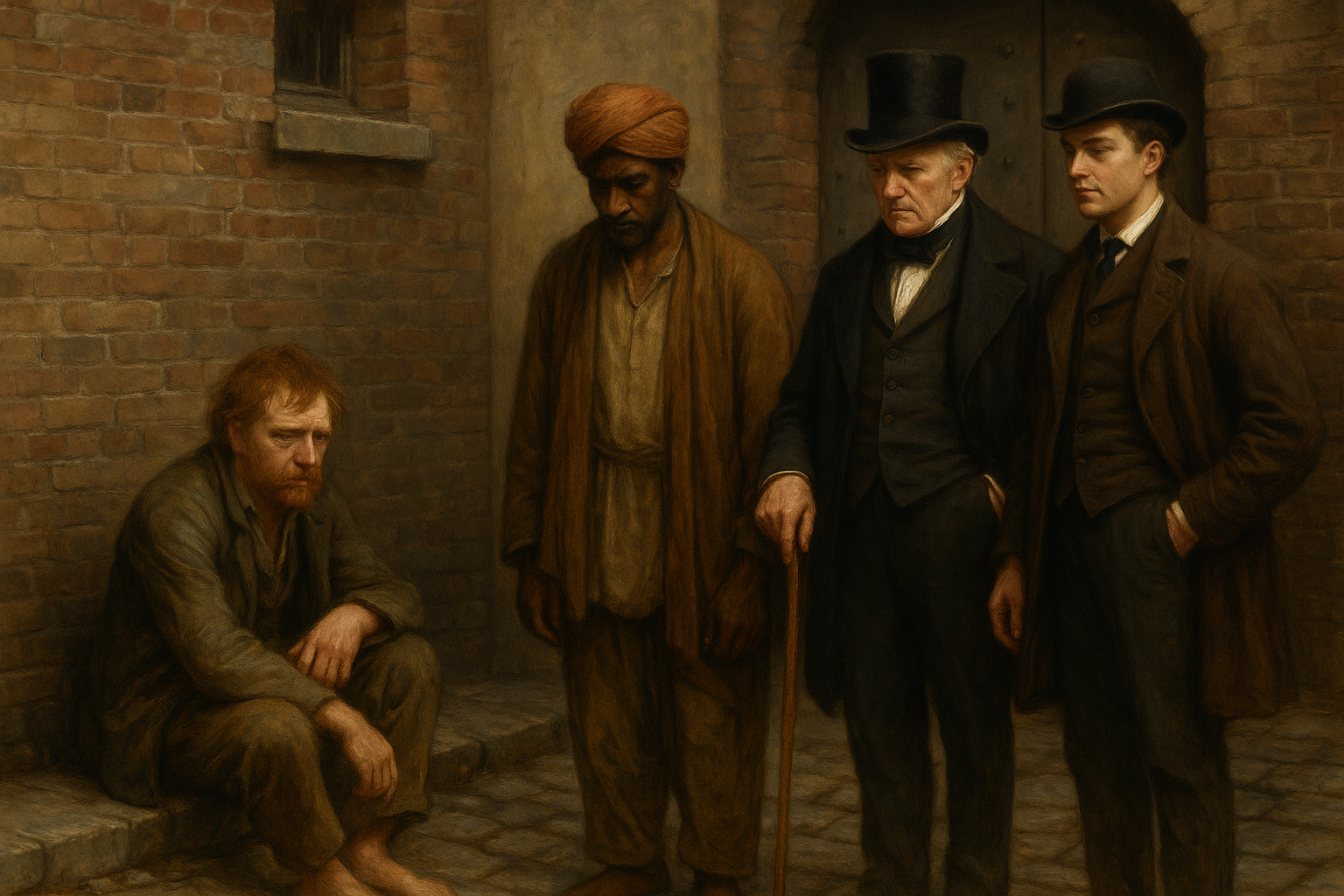 Fictional Victorian oil painting depicting an Irish man and an Indian man in a slum setting, observed by two well-dressed Englishmen, representing racial and class-based prejudice in 19th-century Britain.